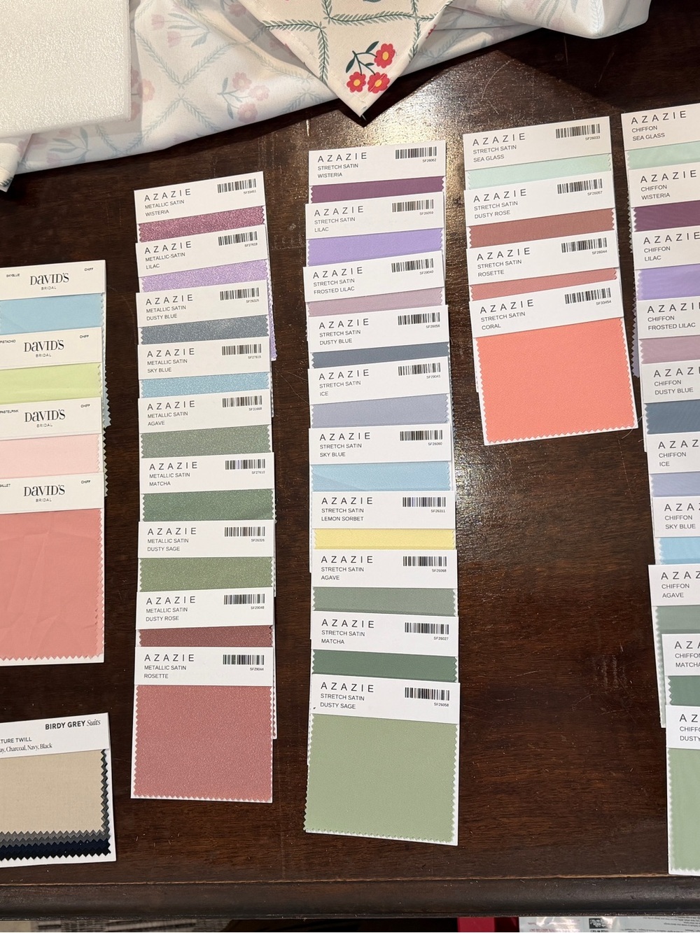 62 Fabric Swatch Cards - Azazie, Birdy Grey, David’s Bridal